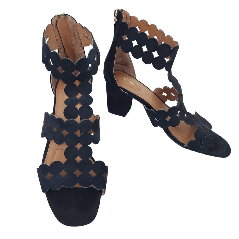 Kia Sudini Novara Open Toe Heels Sandals Black Block Heels 7.5W Wide Heeled